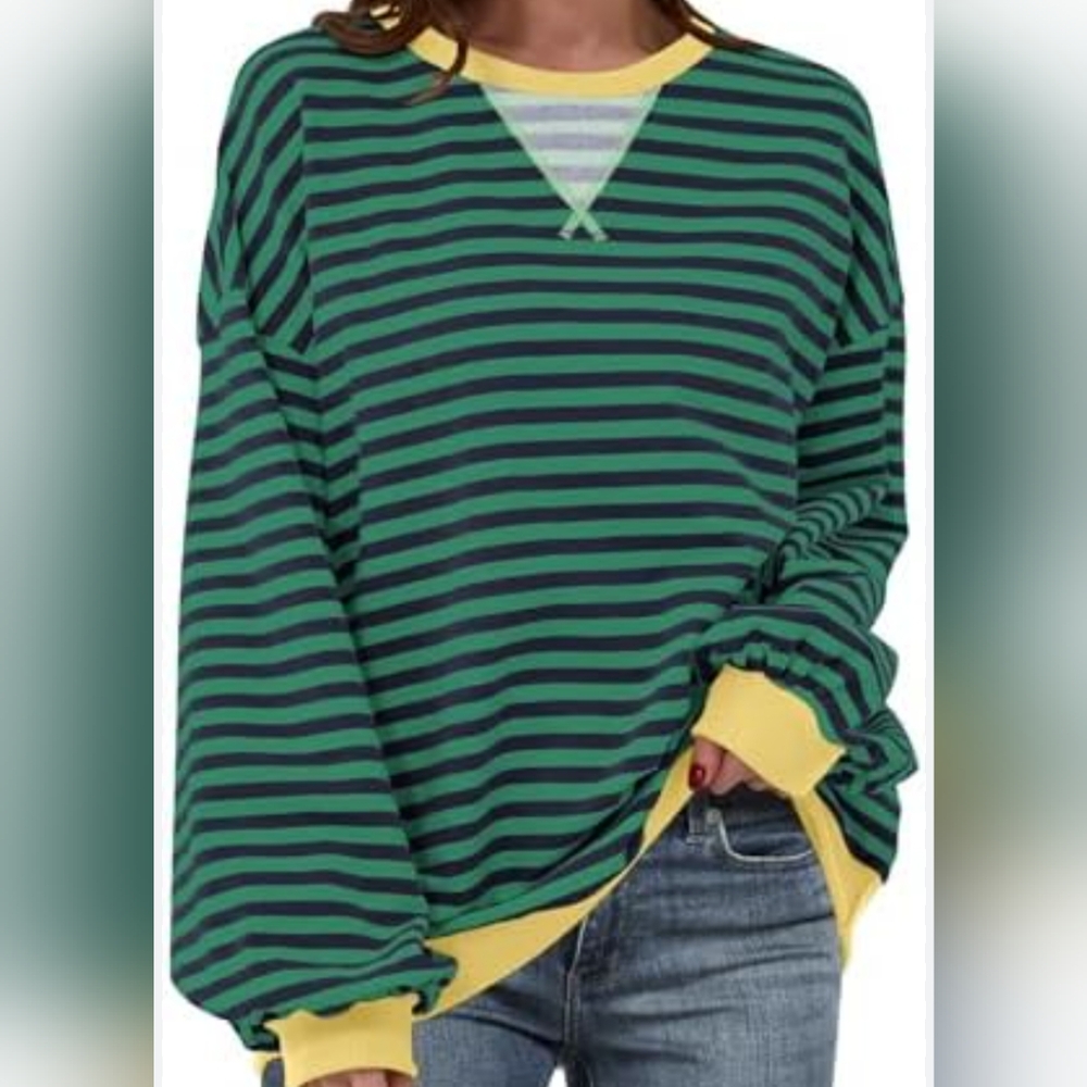 Anrabes Oversized Striped Sweatshirt Color Block, Size M - Picture 1 of 9
